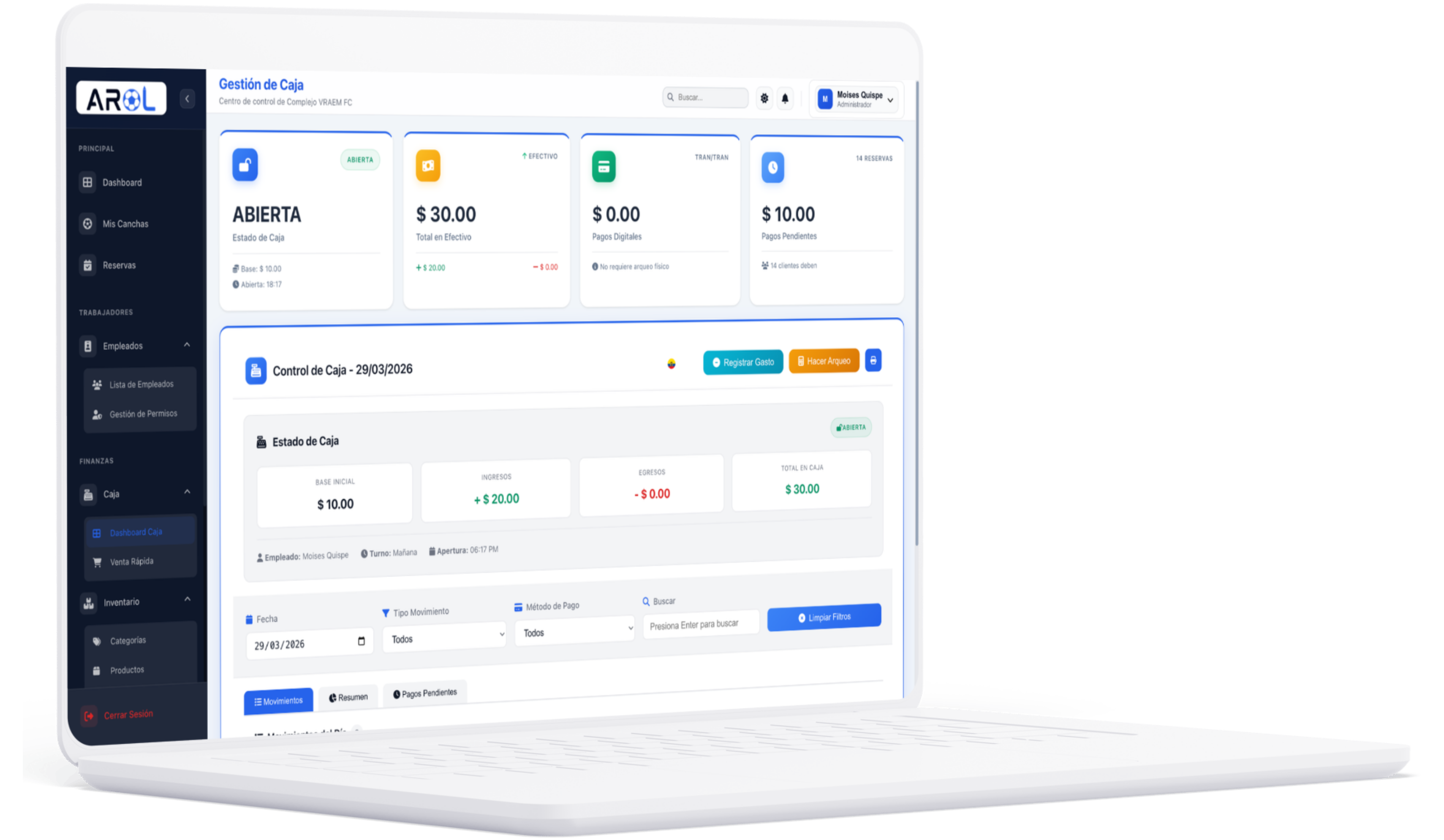 Dashboard de caja — AROL Reservas