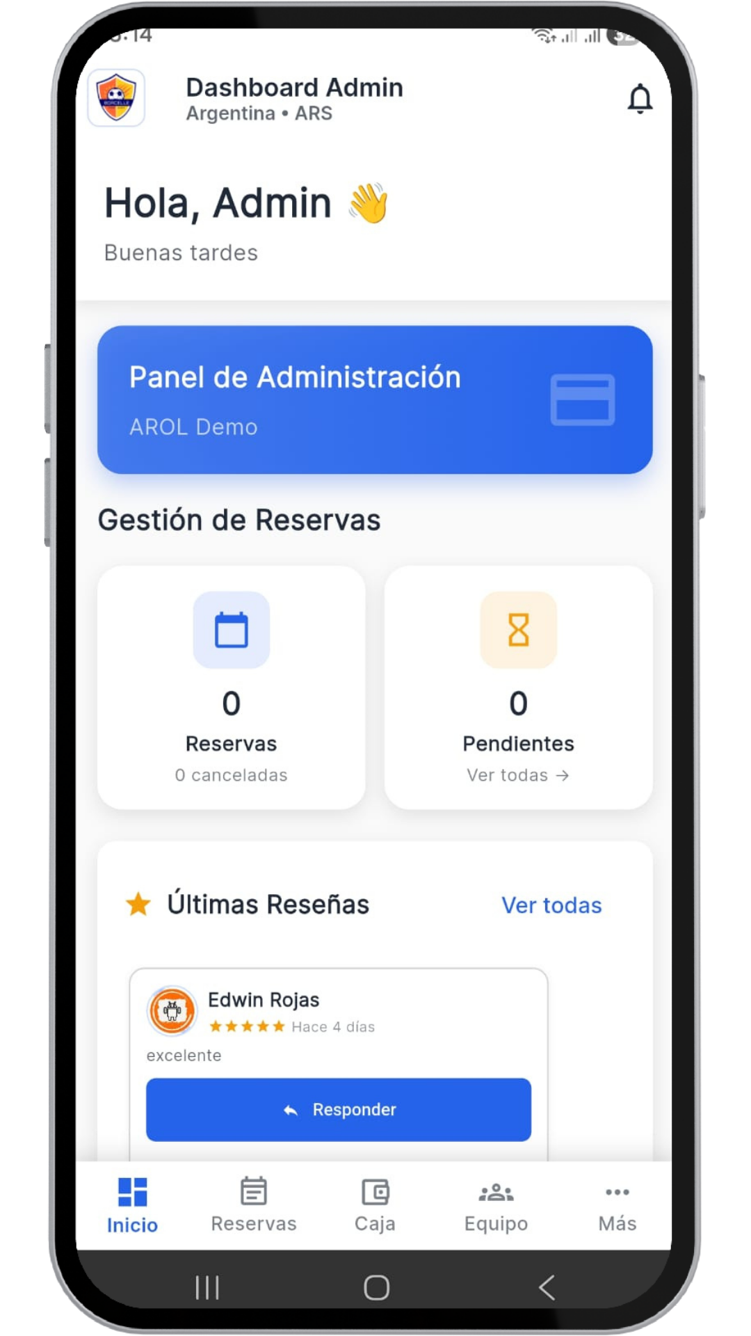Dashboard Admin en AROL Reservas