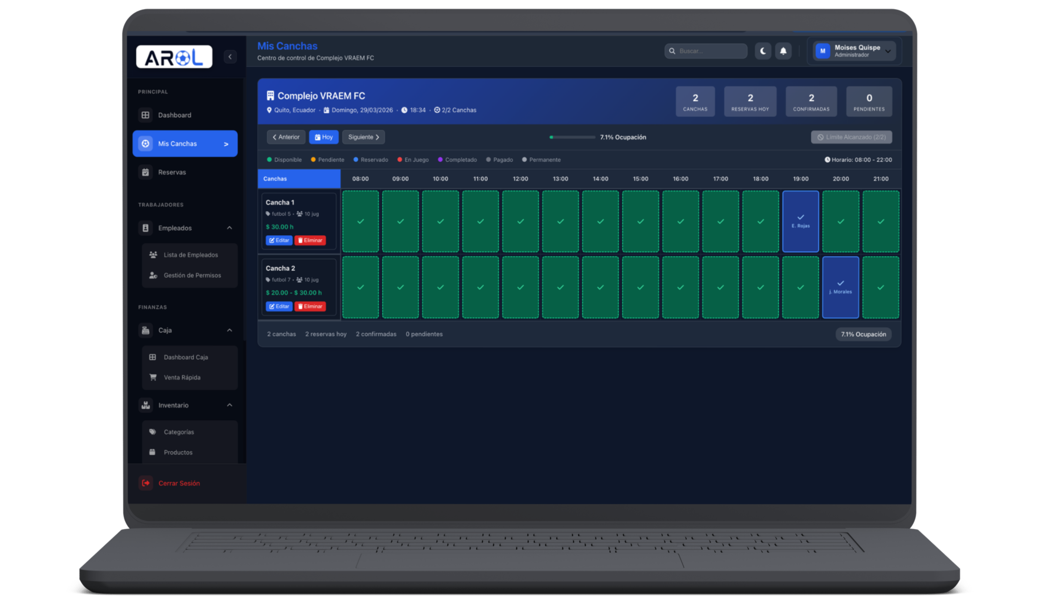 Timeline de canchas en AROL Reservas